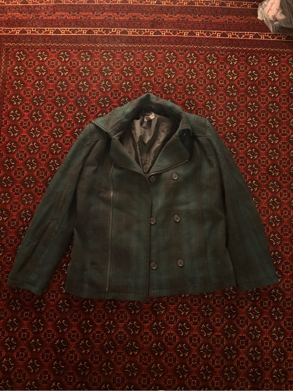 H&M Dark Green Plaid Double-Breasted Pea Coat
